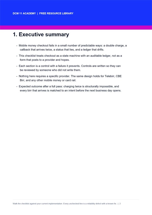 Telebirr & CBE Birr Checkout Checklist - first page preview